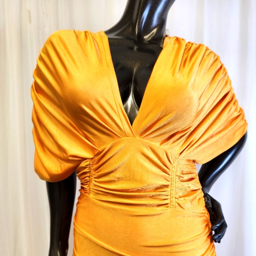 Elegant Ruched Dress In Mustard - Picture 2 of 15